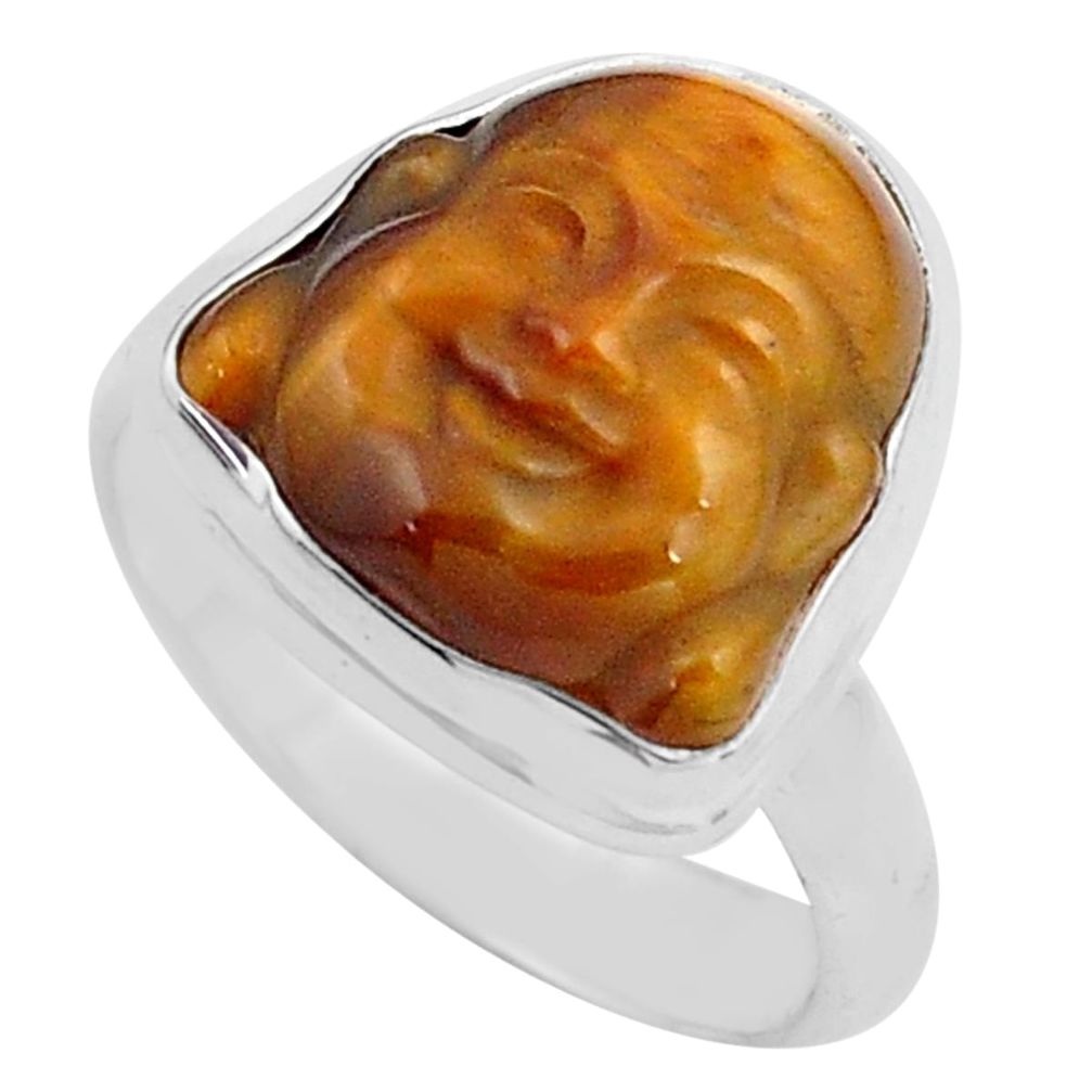 Carving buddha natural tiger's eye 925 silver solitaire ring size 7.5 p88177