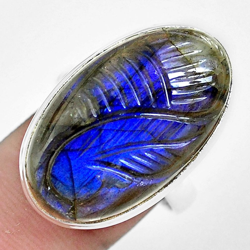 25.60cts carving natural blue labradorite silver solitaire ring size 9 p54062