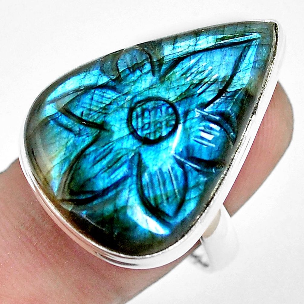 23.06cts carving natural blue labradorite silver solitaire ring size 8 p54064