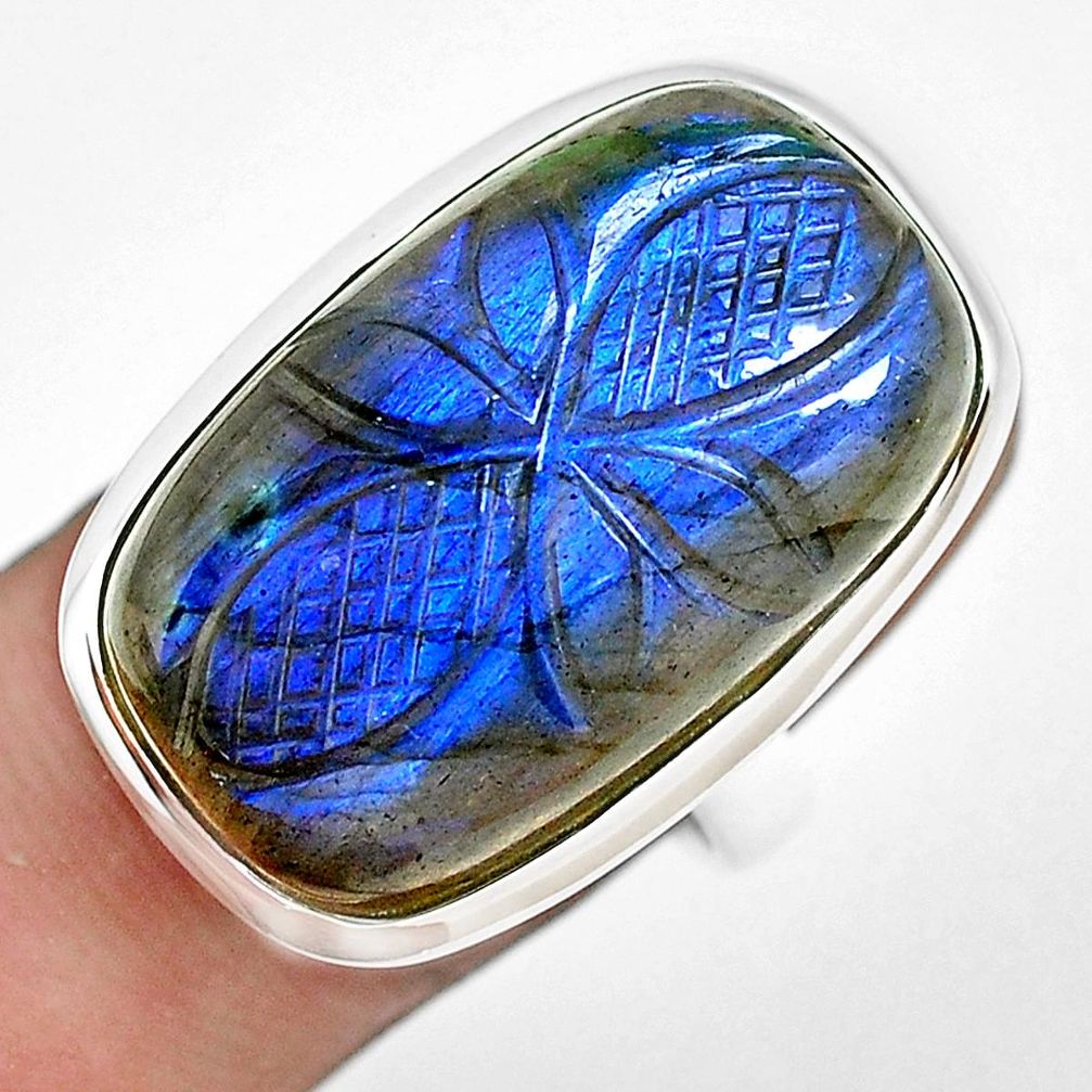 26.16cts carving natural blue labradorite silver solitaire ring size 7.5 p54074