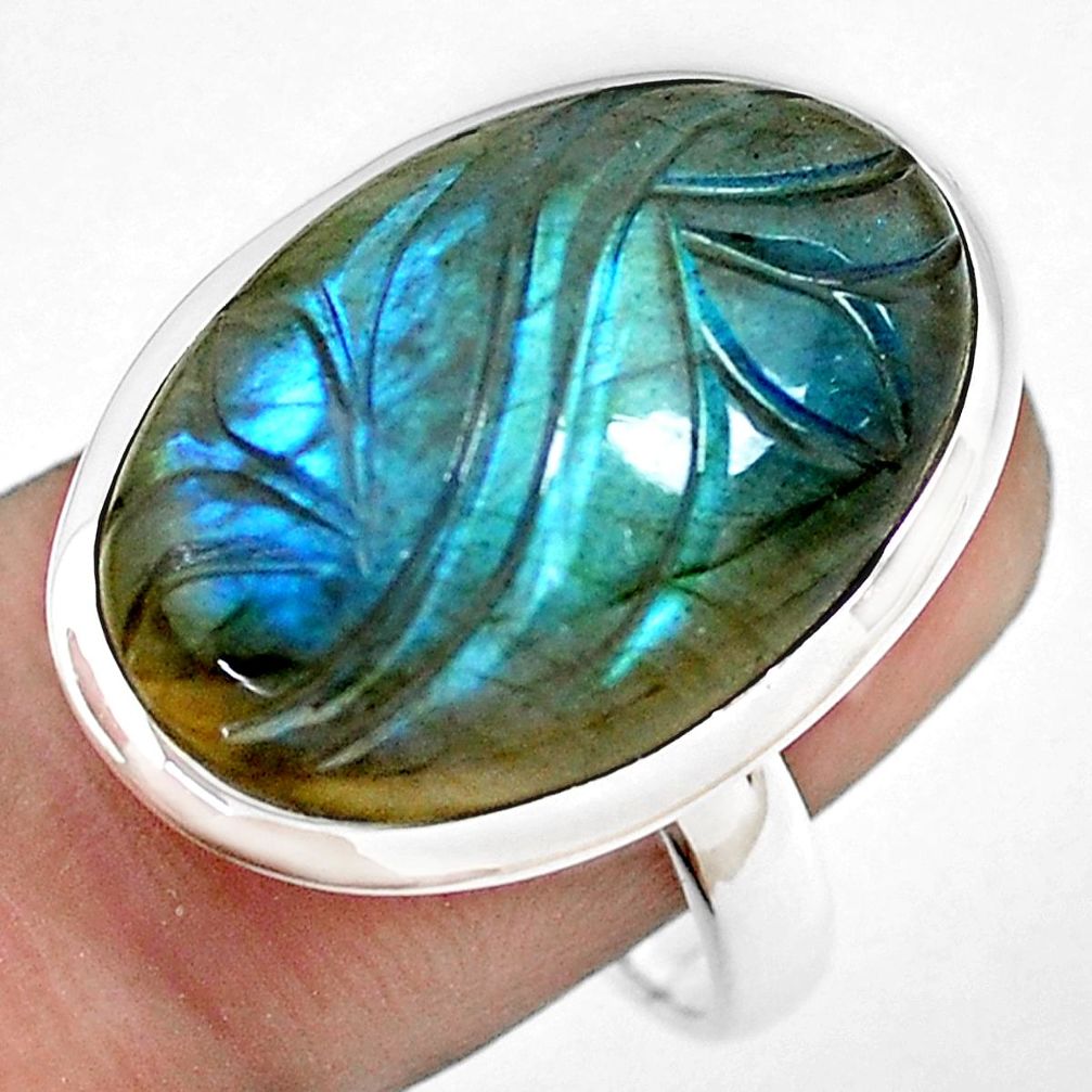 17.69cts carving natural blue labradorite silver solitaire ring size 8 p54076