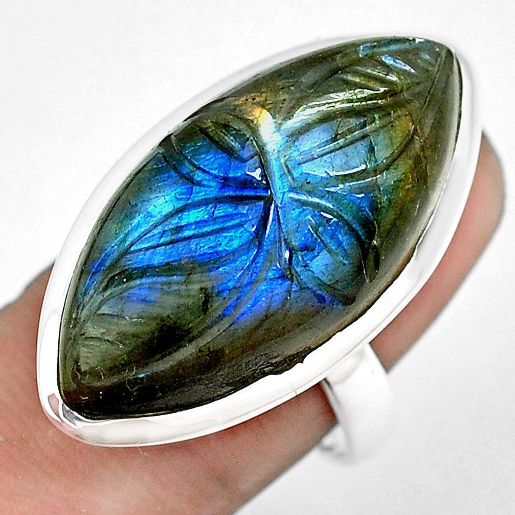 24.38cts carving natural blue labradorite silver solitaire ring size 7.5 p54079