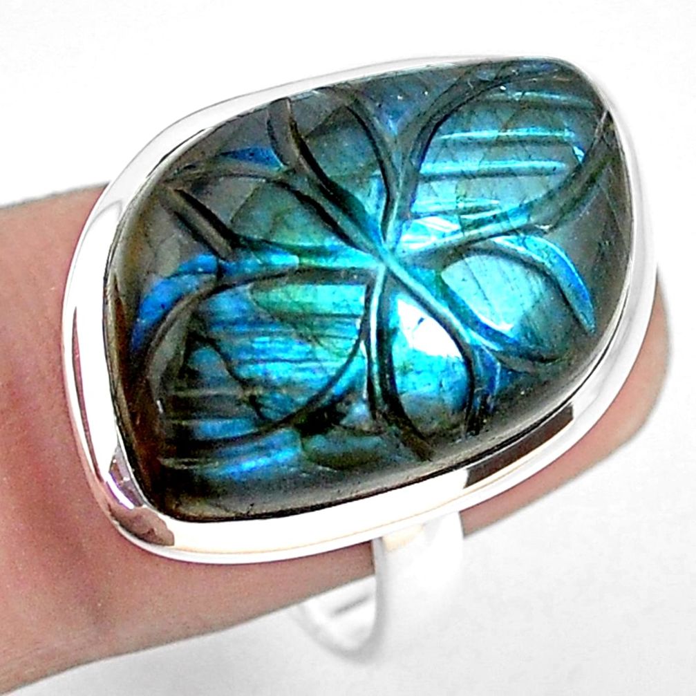 16.46cts carving natural blue labradorite silver solitaire ring size 8 p54095
