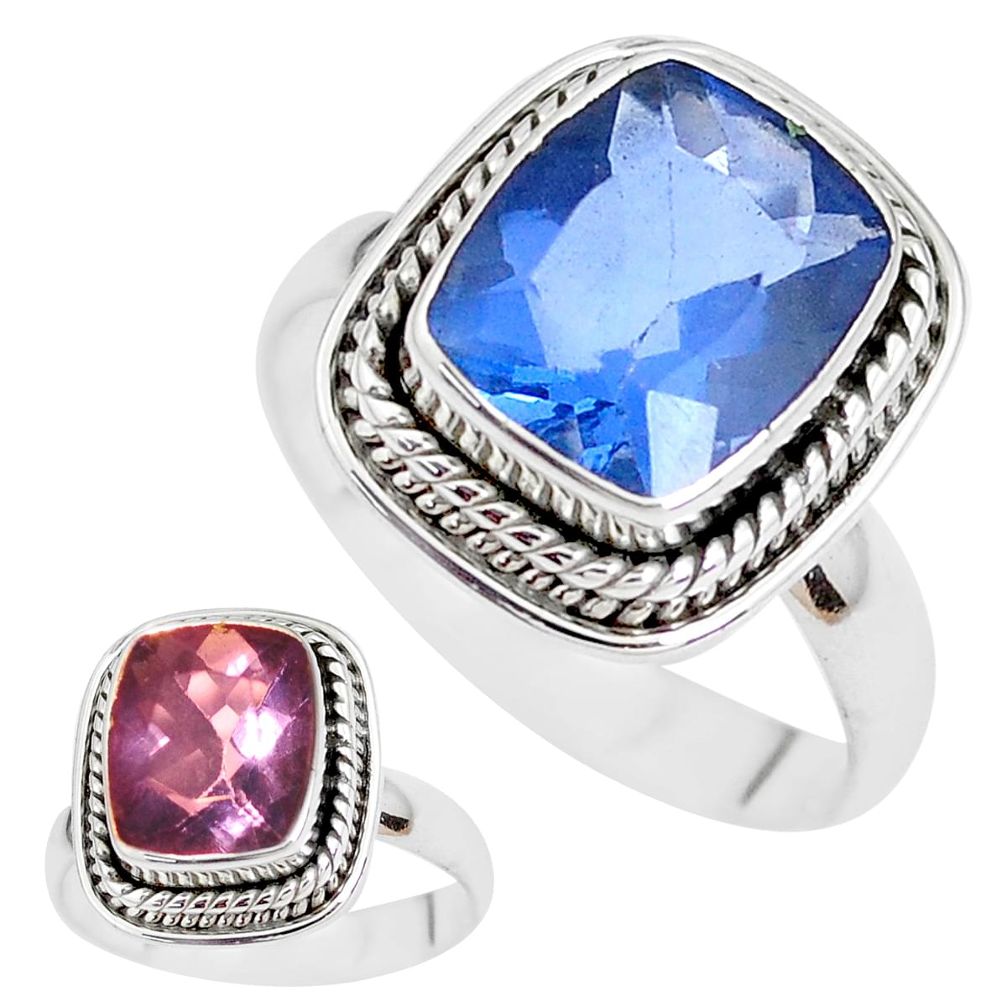 Color change faceted natural fluorite 925 silver solitaire ring size 8 p41696