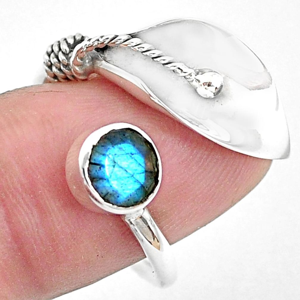 Deltoid leaf natural blue labradorite 925 silver adjustable ring size 6.5 p40300