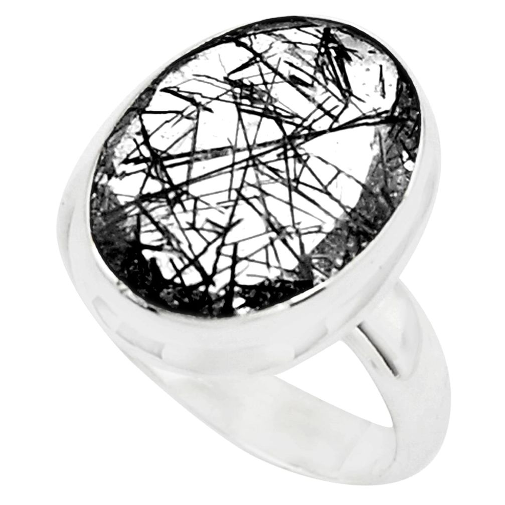 9.86cts faceted black tourmaline rutile 925 silver solitaire ring size 7 p76496