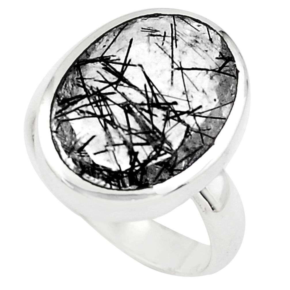 10.23cts faceted black tourmaline rutile silver solitaire ring size 7.5 p76499