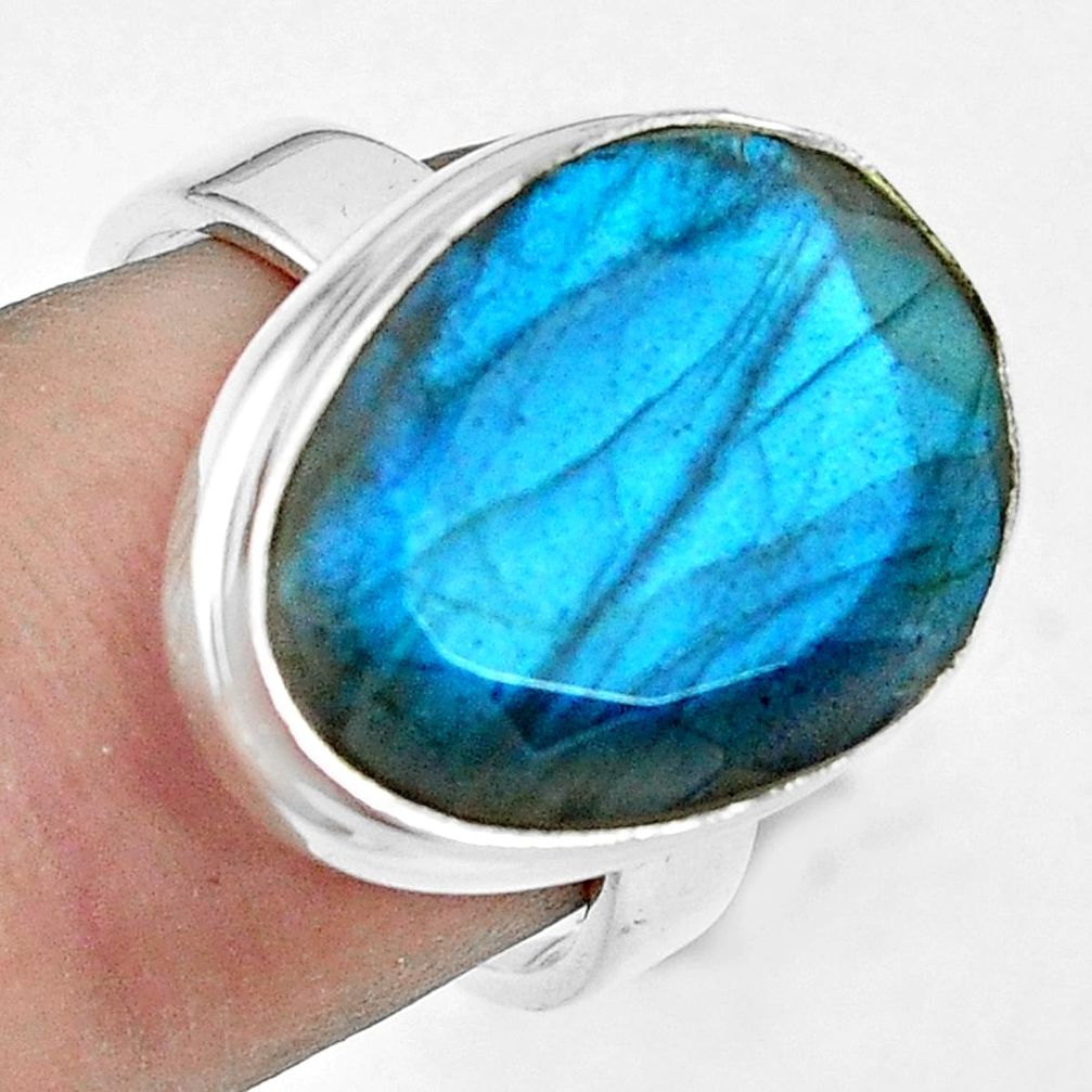 13.71cts faceted blue labradorite 925 silver solitaire ring size 7 p68145