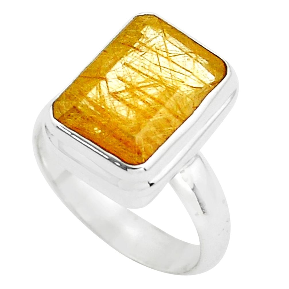 7.02cts faceted golden rutile 925 silver solitaire ring jewelry size 8 p76539