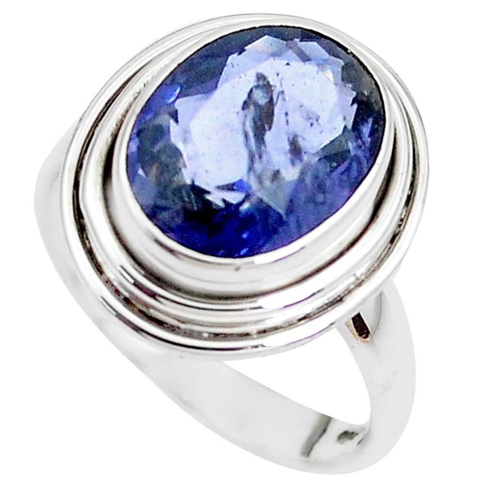 5.13cts faceted natural blue iolite 925 silver solitaire ring size 7 p41768