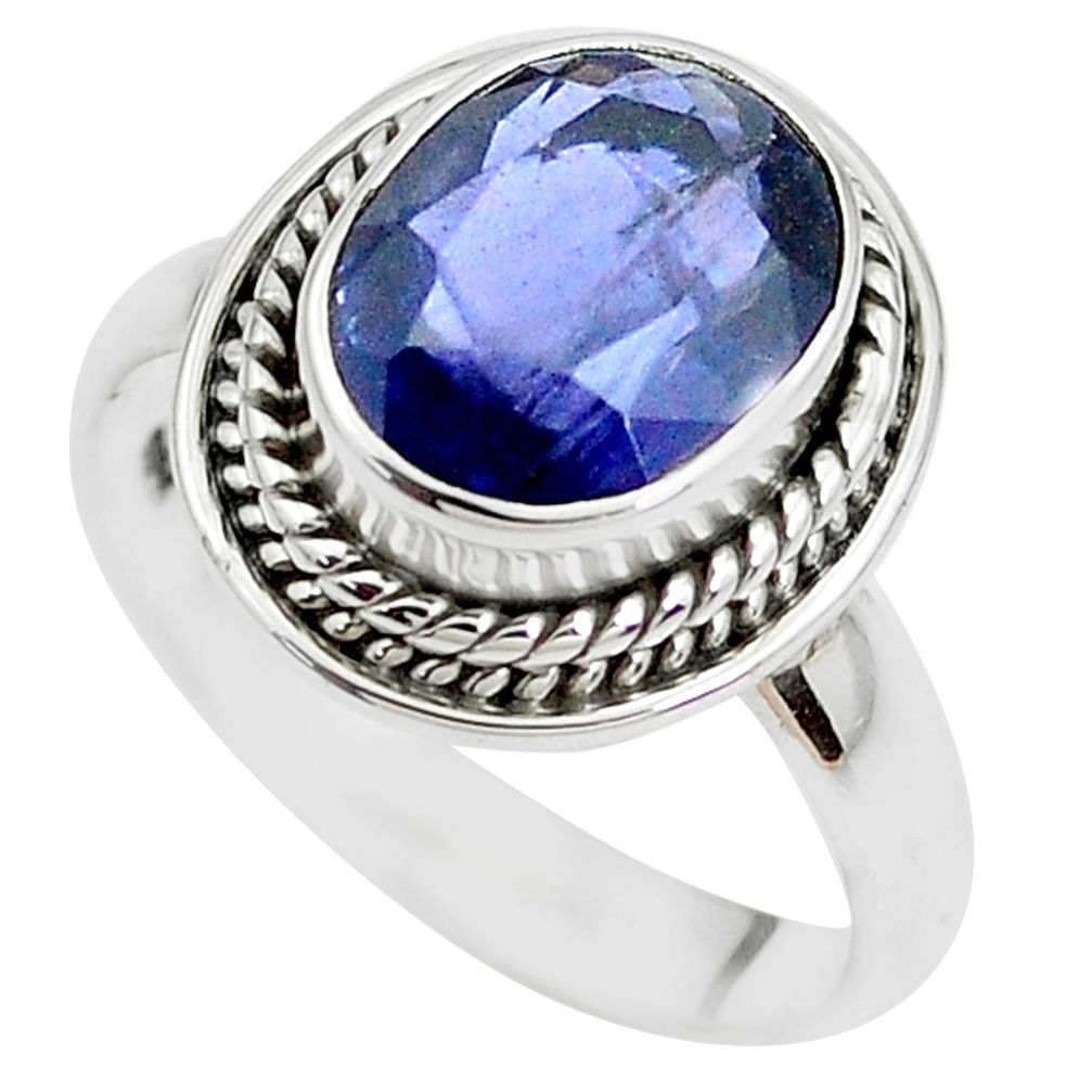 4.93cts faceted natural blue iolite 925 silver solitaire ring size 7.5 p41771