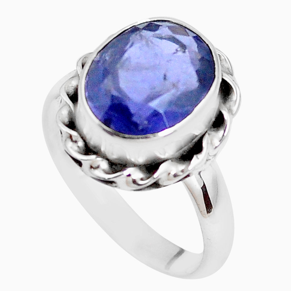 4.92cts faceted natural blue iolite 925 silver solitaire ring size 7.5 p41775