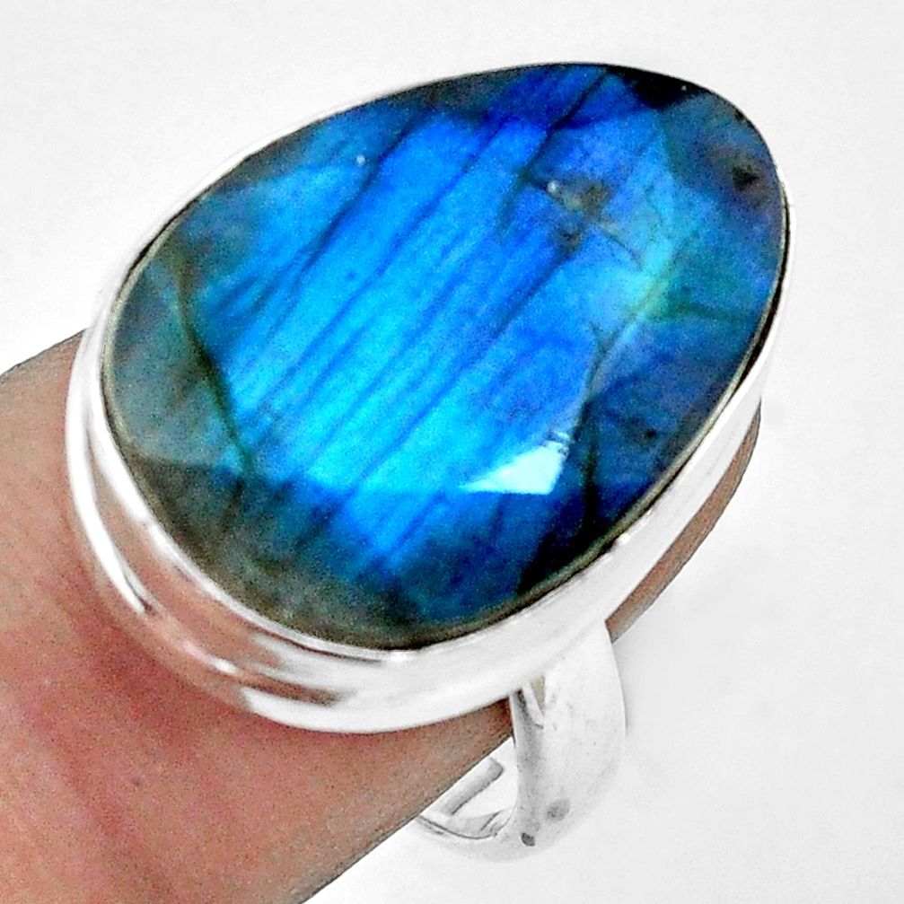 Faceted natural blue labradorite 925 silver solitaire ring size 8 p68131
