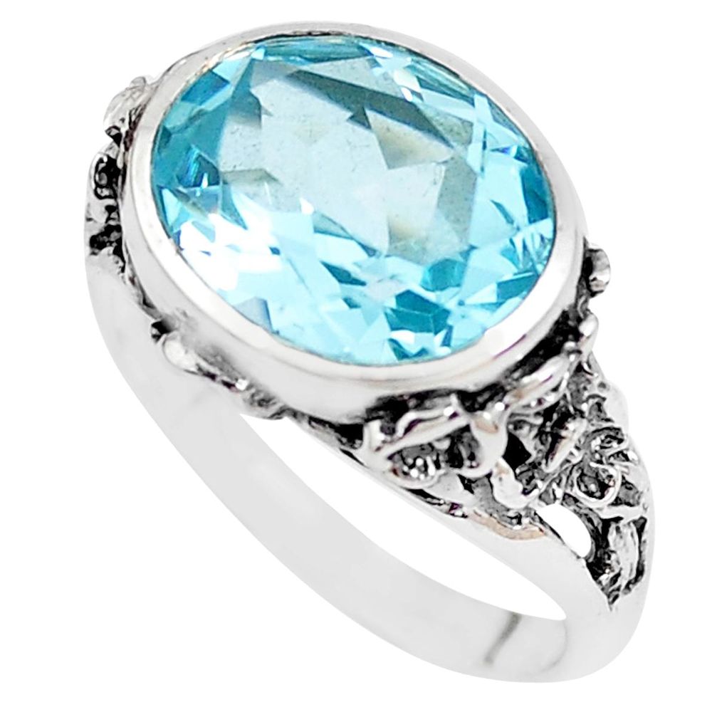 6.74cts faceted natural blue topaz 925 silver solitaire ring size 7.5 p41722