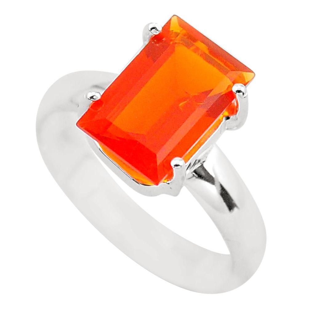 3.64cts faceted natural orange mexican fire opal 925 silver ring size 7 p54158
