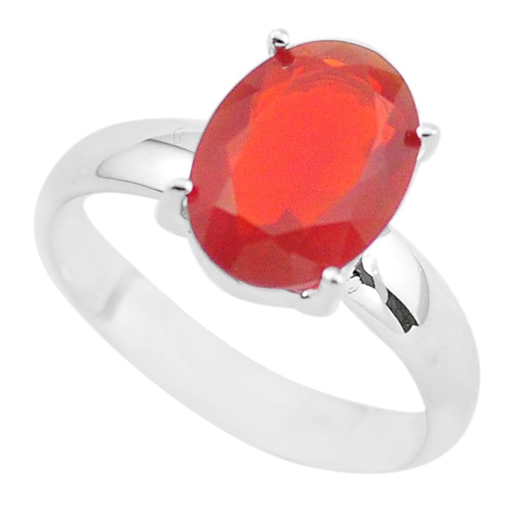 Faceted natural orange mexican fire opal 925 silver solitaire ring size 7 p54346