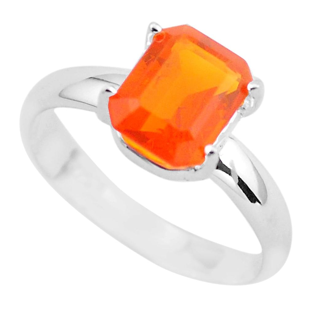 Faceted natural orange mexican fire opal 925 silver solitaire ring size 7 p54347