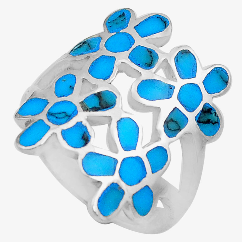 5.89gms fine blue turquoise enamel 925 sterling silver flower ring size 7 c4179