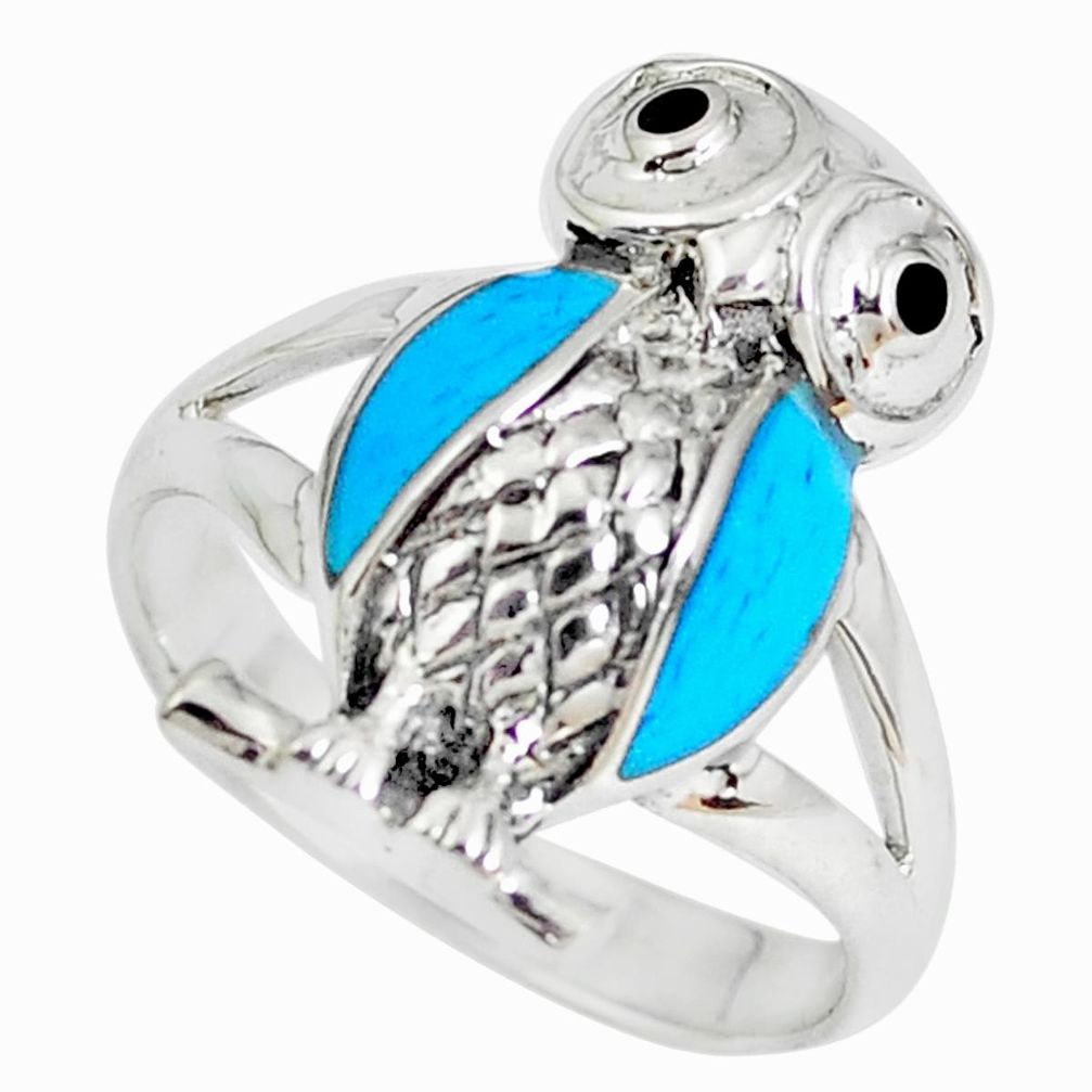 3.26gms fine blue turquoise onyx enamel 925 silver owl ring size 6 c2997