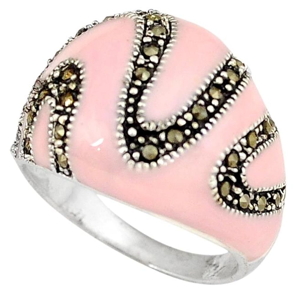 Fine marcasite pink enamel 925 sterling silver dome ring jewelry size 6.5 h52341