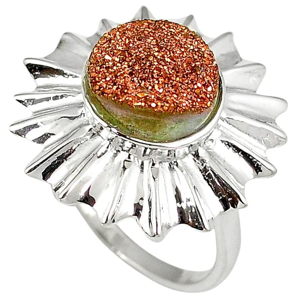 Golden druzy round 925 sterling silver flower ring jewelry size 8 h94844