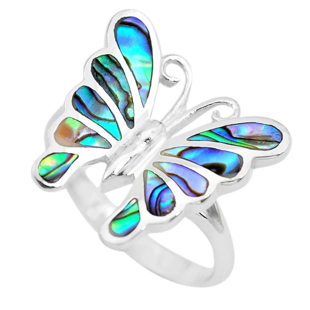 4.25gms green abalone paua seashell 925 silver butterfly ring size 8 c2525