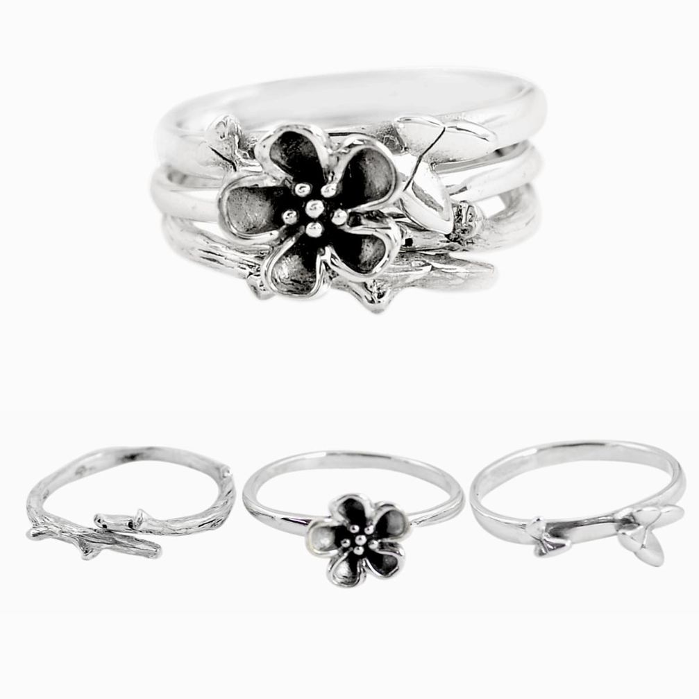 6.35gms indonesian bali style solid 925 silver flower 3 rings size 6 p48610