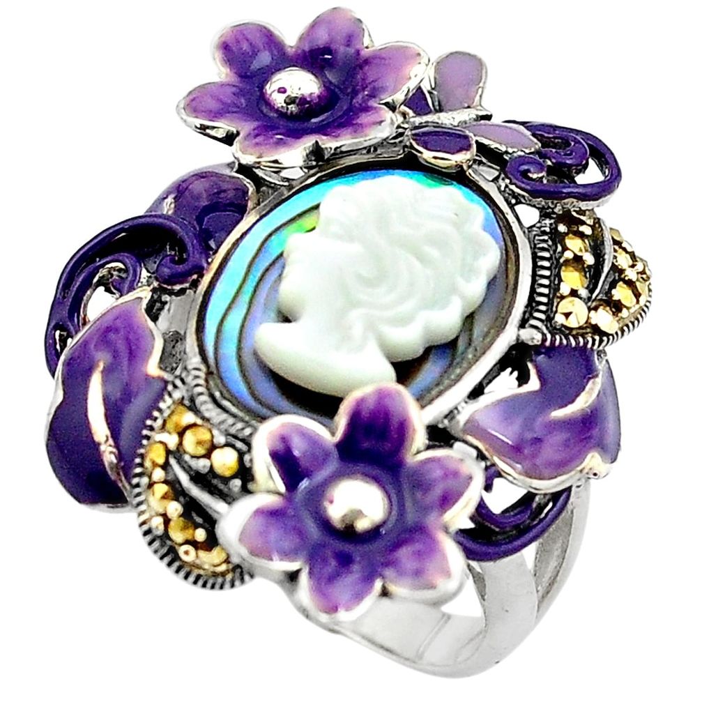 Lady face cameo abalone paua seashell enamel silver flower ring size 6.5 c4068