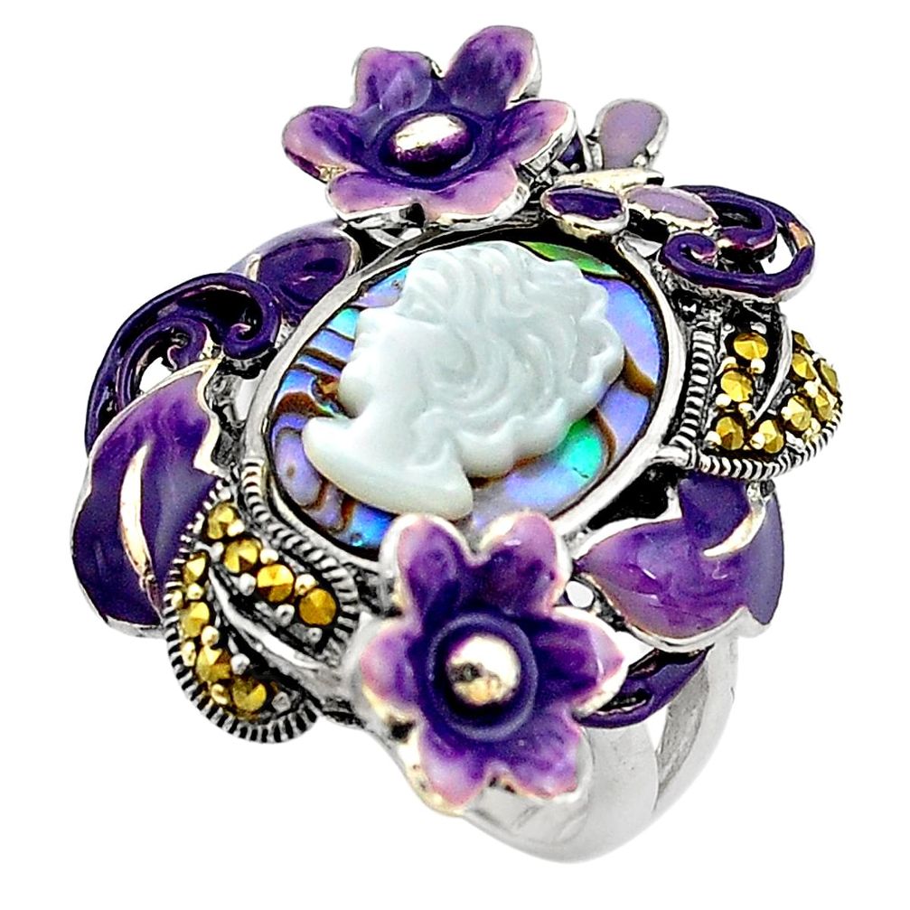 Lady face cameo abalone paua seashell enamel silver flower ring size 5.5 c4072