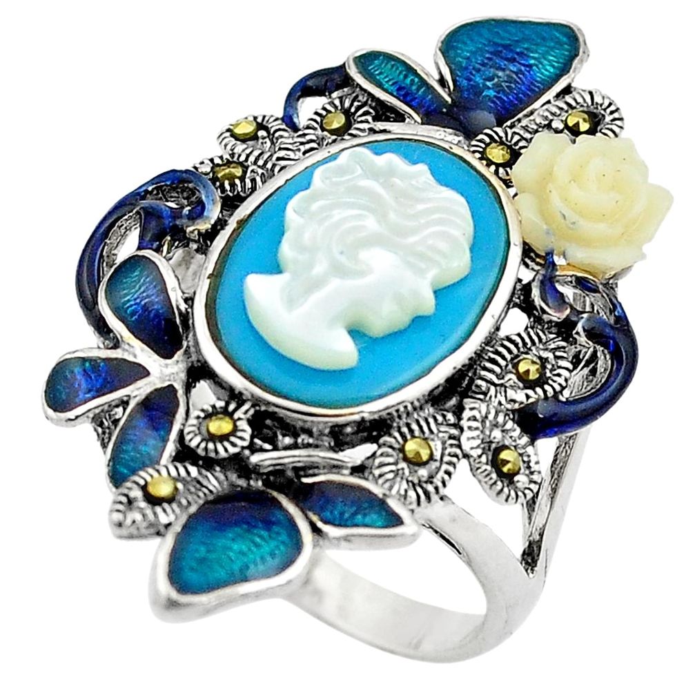 Lady face cameo sleeping beauty turquoise silver butterfly ring size 7.5 c4064