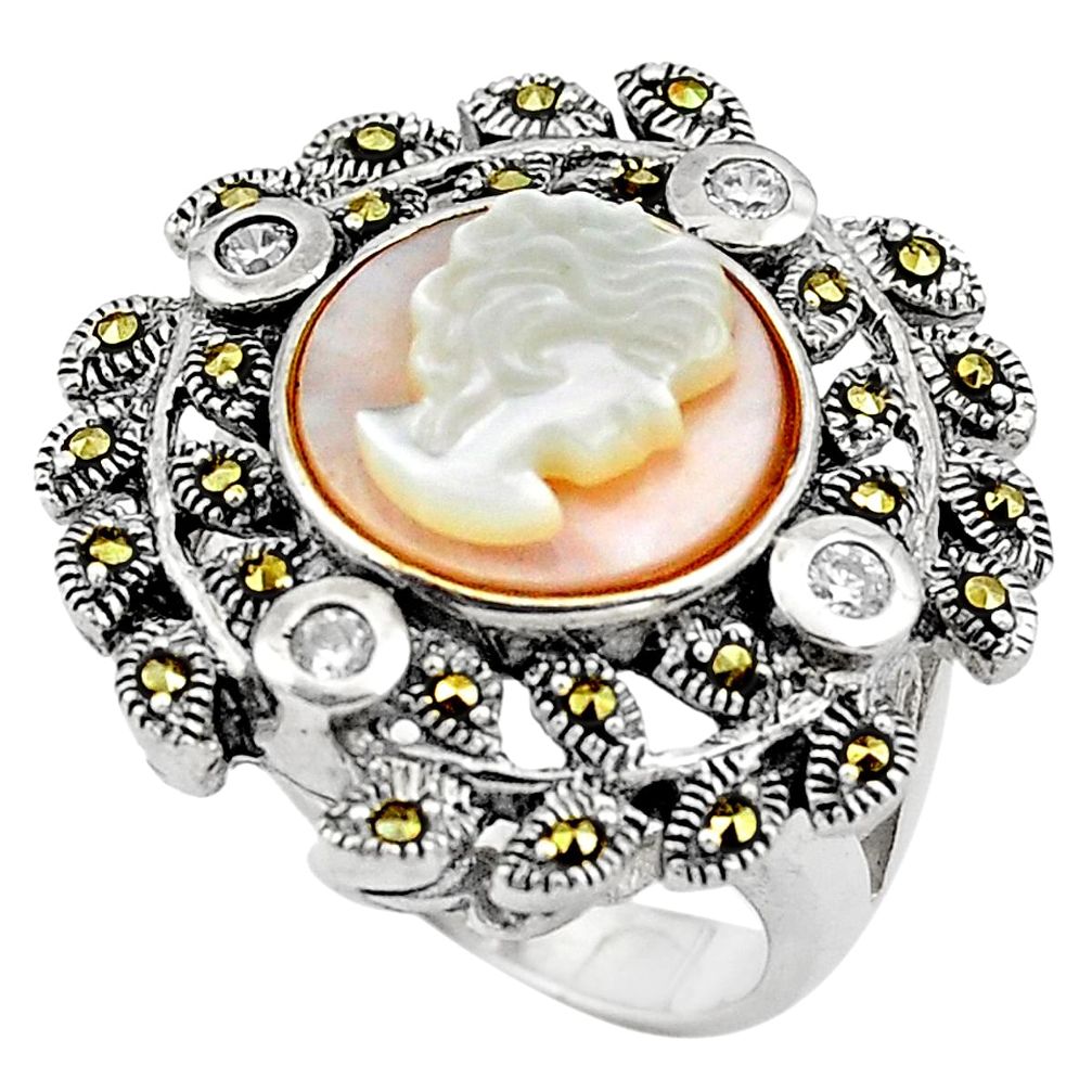 7.11cts lady face cameo white topaz enamel 925 silver ring size 6 c4069