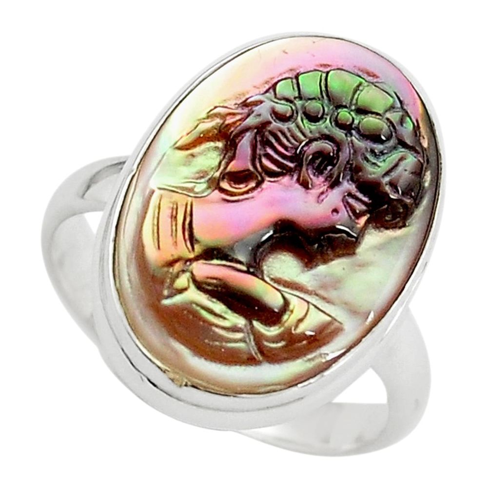 11.73cts lady face natural titanium cameo on shell 925 silver ring size 8 p80101