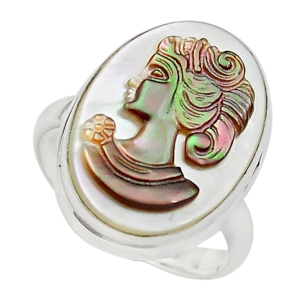11.69cts lady face natural titanium cameo on shell 925 silver ring size 7 p80102
