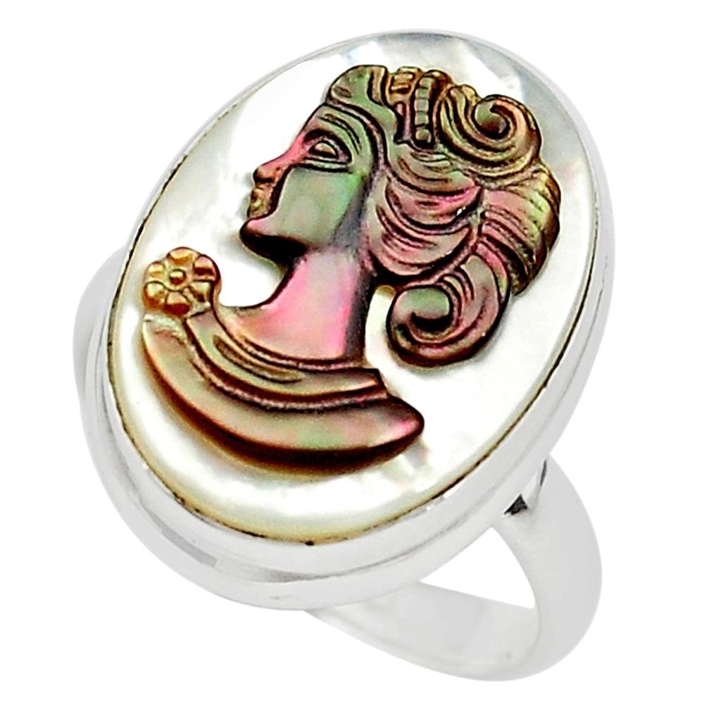 12.05cts lady face natural titanium cameo on shell 925 silver ring size 7 p80106
