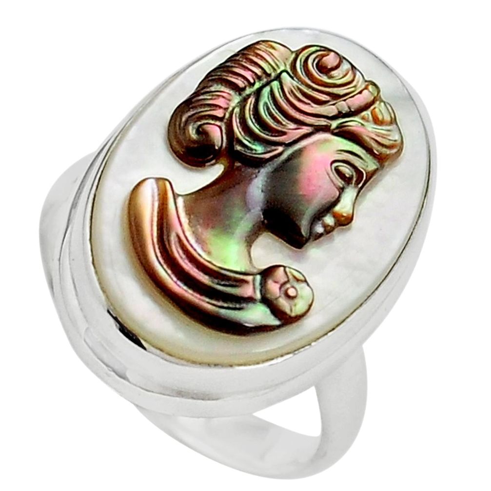 11.74cts lady face natural titanium cameo on shell 925 silver ring size 6 p80107