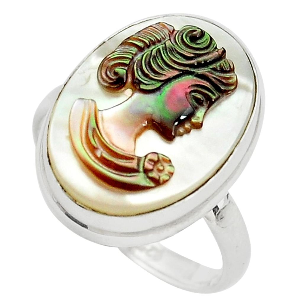 12.62cts lady face natural titanium cameo on shell 925 silver ring size 9 p80109