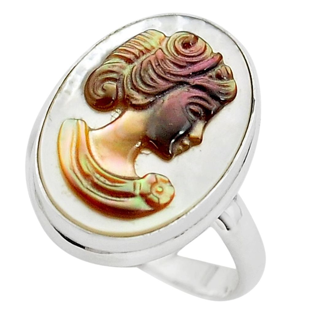 11.74cts lady face natural titanium cameo on shell 925 silver ring size 8 p80110