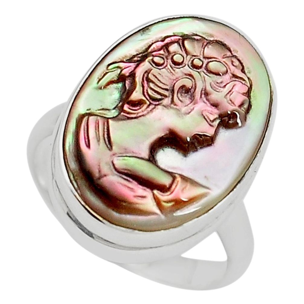 11.74cts lady face natural titanium cameo on shell 925 silver ring size 6 p80111