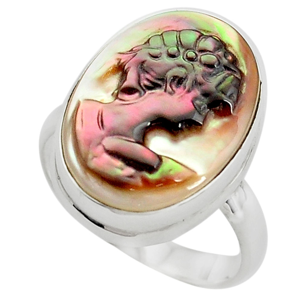 12.58cts lady face natural titanium cameo on shell 925 silver ring size 8 p80115