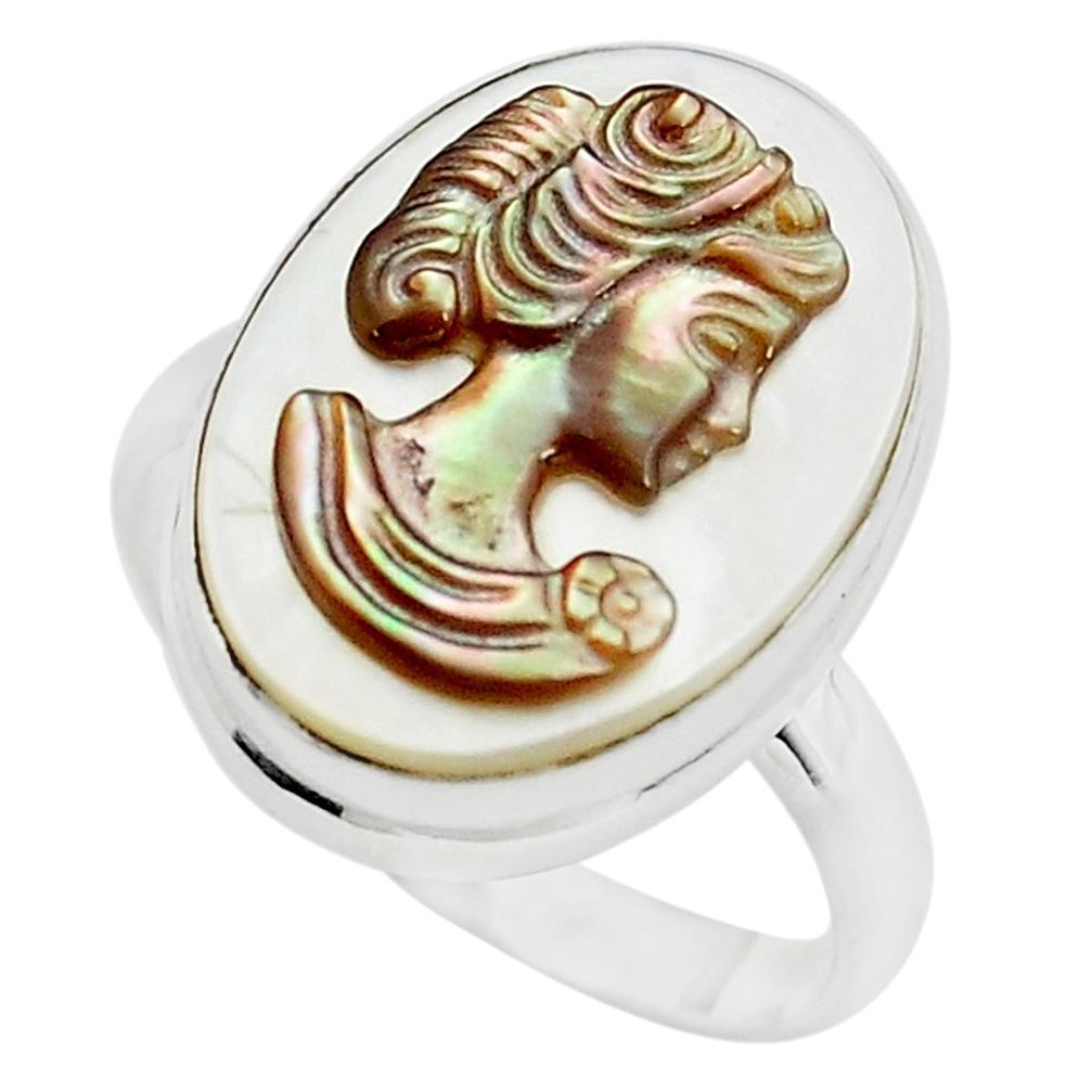 12.07cts lady face natural titanium cameo on shell 925 silver ring size 9 p80117