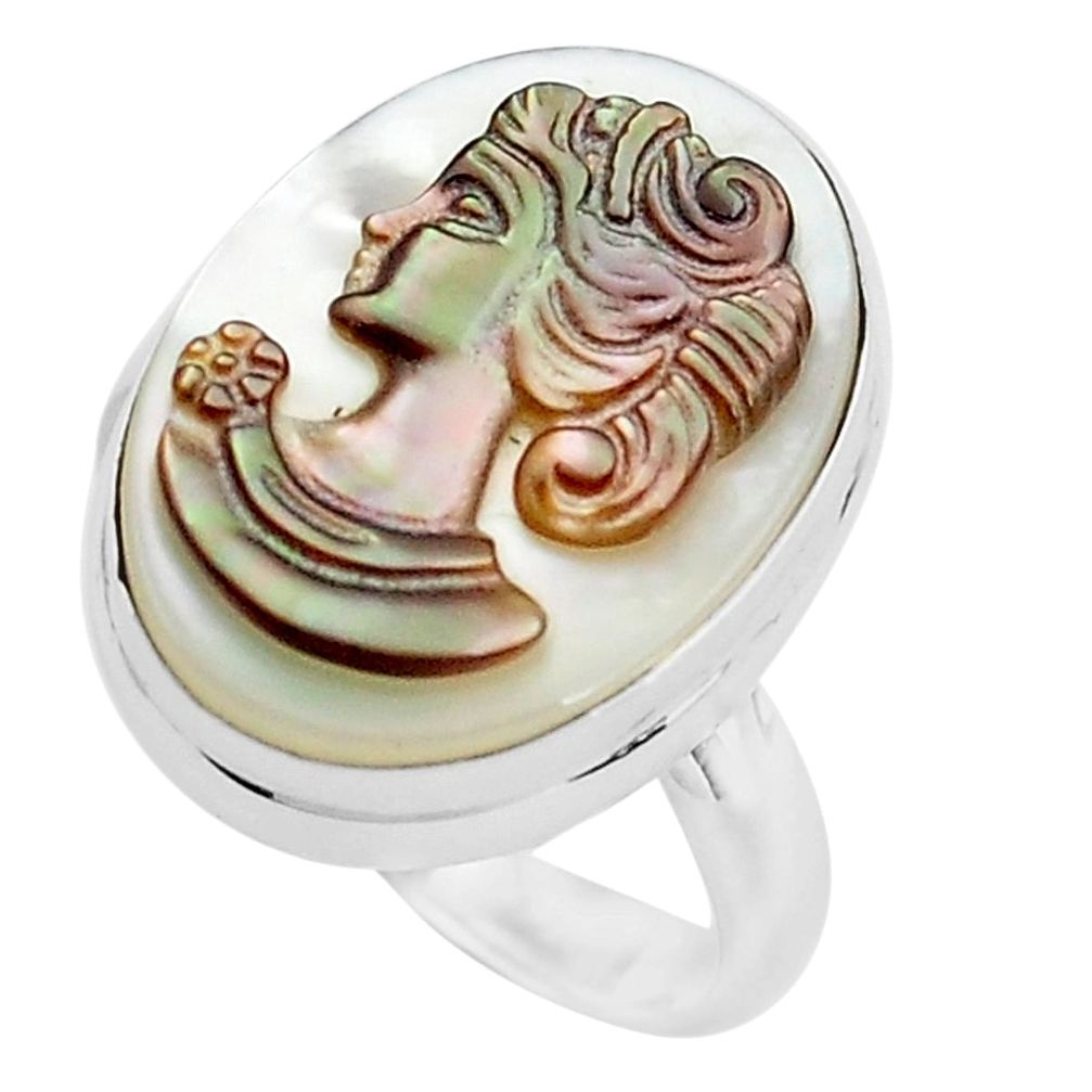 11.45cts lady face natural titanium cameo on shell 925 silver ring size 8 p80120