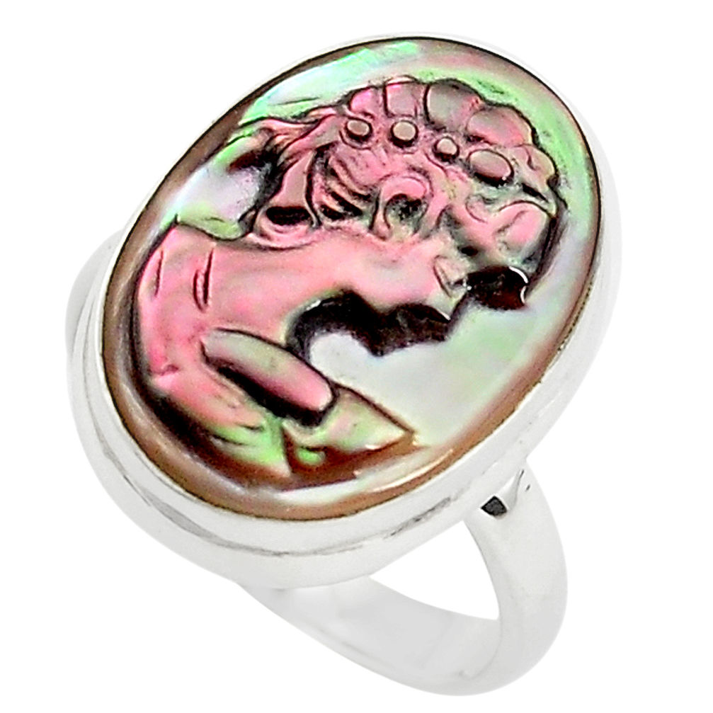 11.26cts lady face natural titanium cameo on shell 925 silver ring size 7 p80125