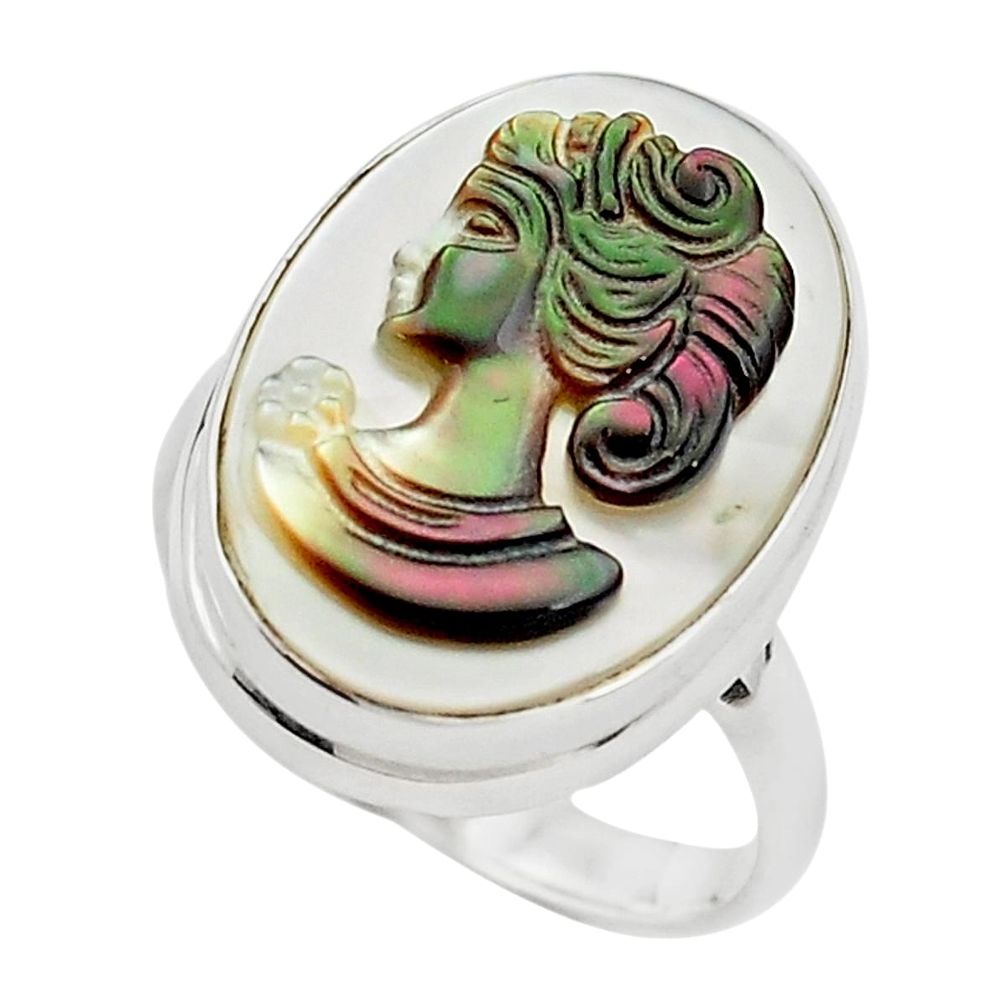 11.74cts lady face natural titanium cameo on shell 925 silver ring size 7 p80126
