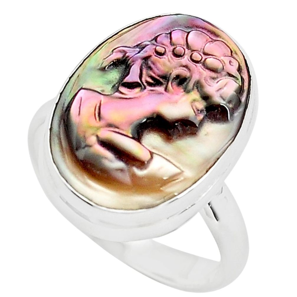 11.26cts lady face natural titanium cameo on shell 925 silver ring size 8 p80128