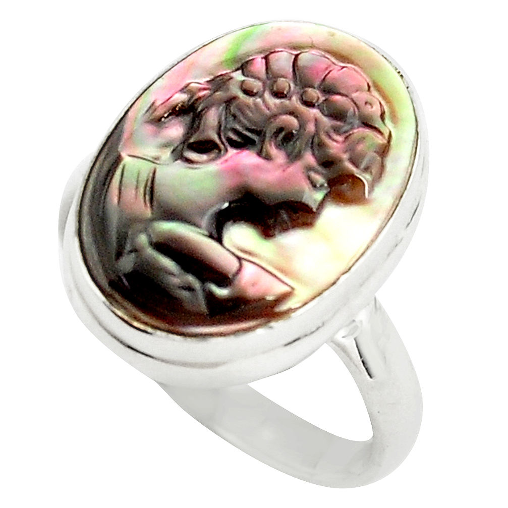 11.74cts lady face natural titanium cameo on shell 925 silver ring size 9 p80134