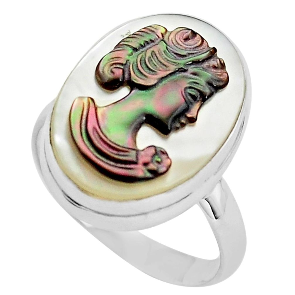 11.74cts lady face natural titanium cameo on shell 925 silver ring size 9 p80137