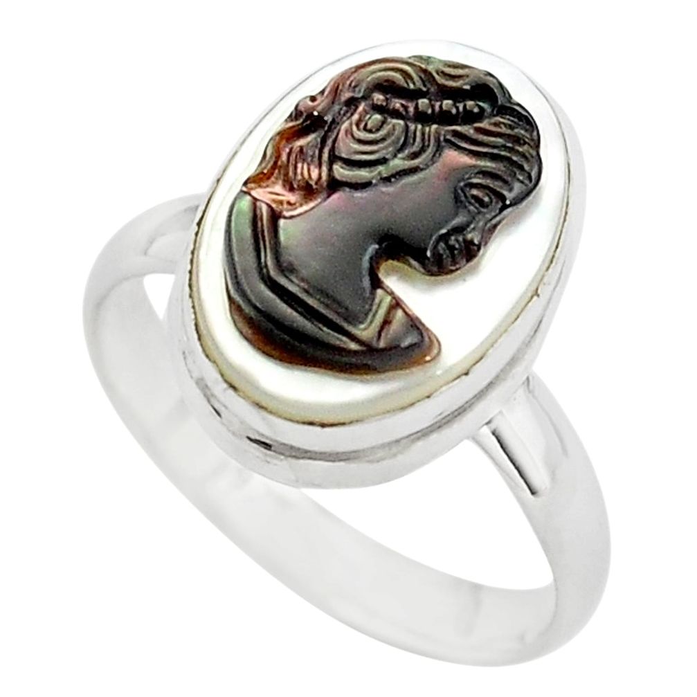 5.63cts lady face natural titanium cameo on shell 925 silver ring size 8 p80141