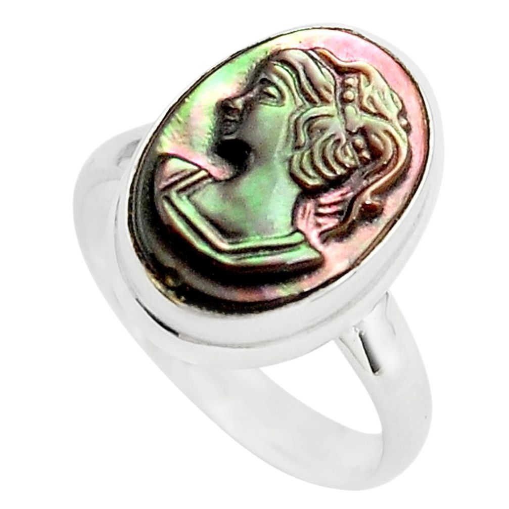 5.63cts lady face natural titanium cameo on shell 925 silver ring size 7 p80146