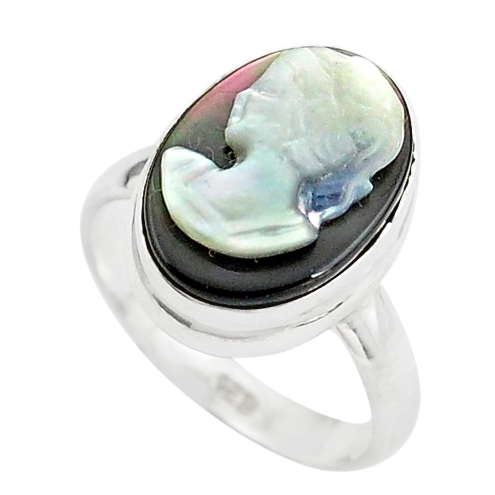 5.64cts lady face natural titanium cameo on shell 925 silver ring size 6 p80149