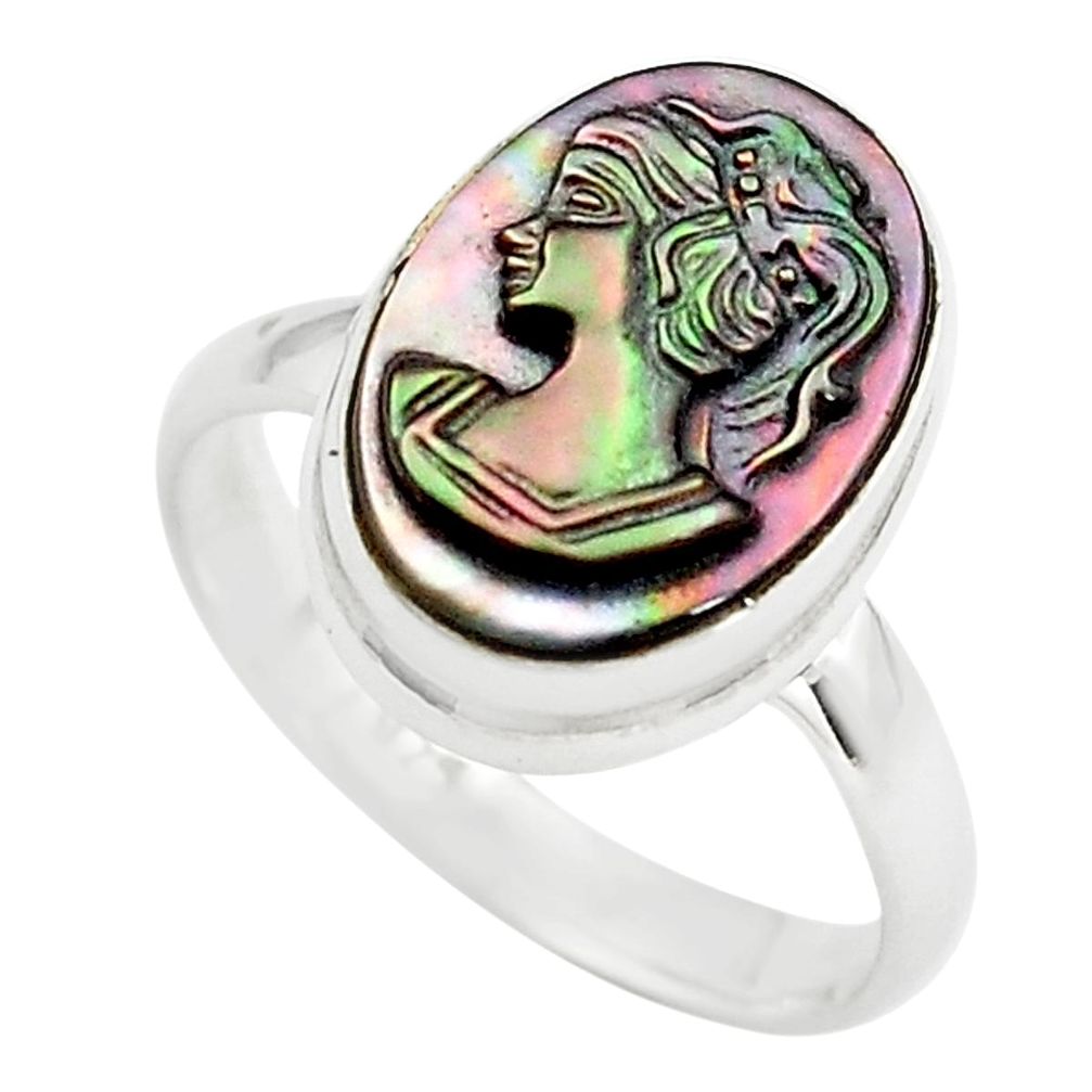 5.96cts lady face natural titanium cameo on shell 925 silver ring size 8 p80153